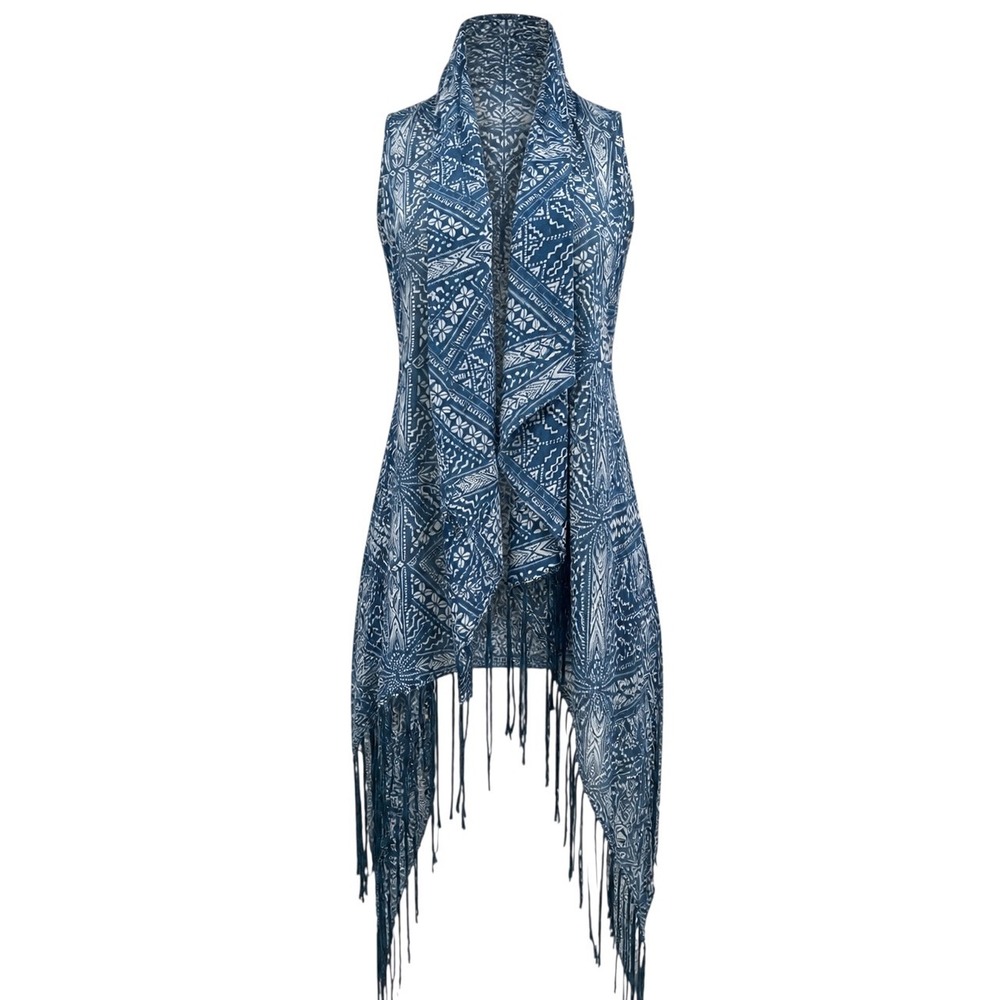 Ariat One Size Blue Geometric Fringe Trim Kimono Boho Festival Cowgirl Layering